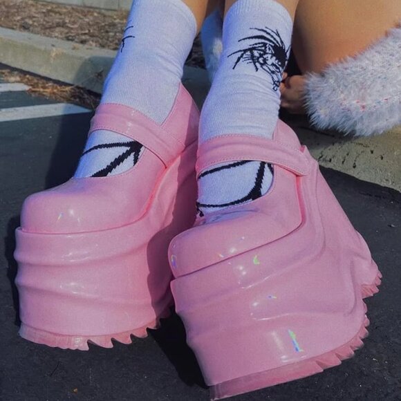 Demonia Shoes - Demonia WAVE-32 Baby Pink Platform Hologram Mary Janes 10